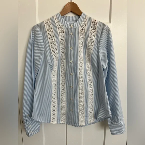 Boden Blue White Stripe Lace Blouse Women US 6 100% Cotton Cottagecore Top Boho - Picture 2 of 10